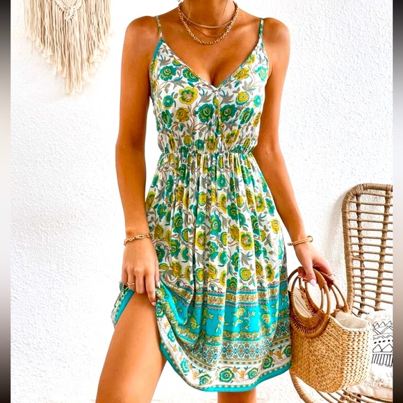 New Bohemian Floral Vacation Spaghetti Strap Sleeveless A Line Cami Dress Sz 6 - Picture 2 of 11